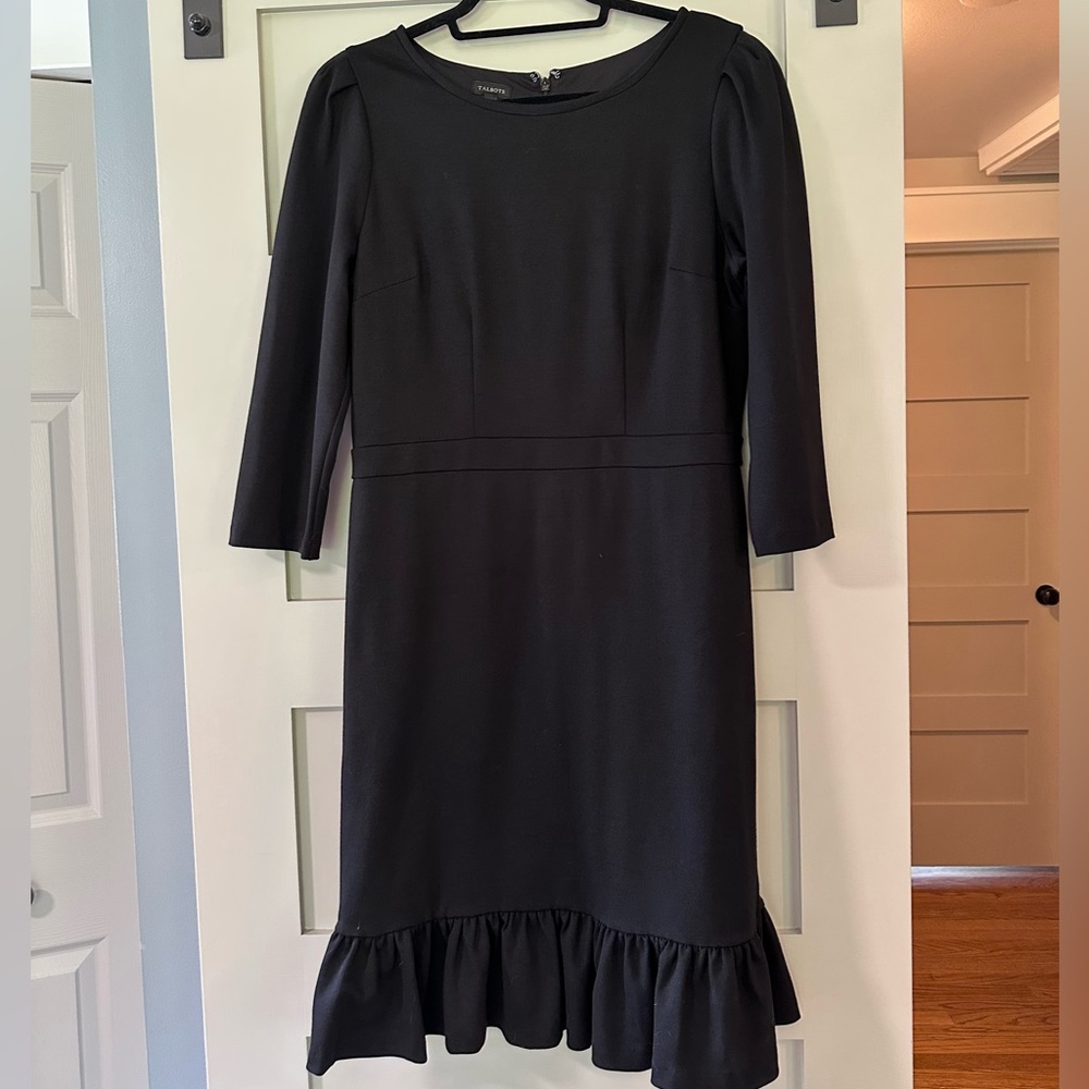 Talbots Black Frilly Bottom Sheath Dress 3/4 Sleeve Crew Neck